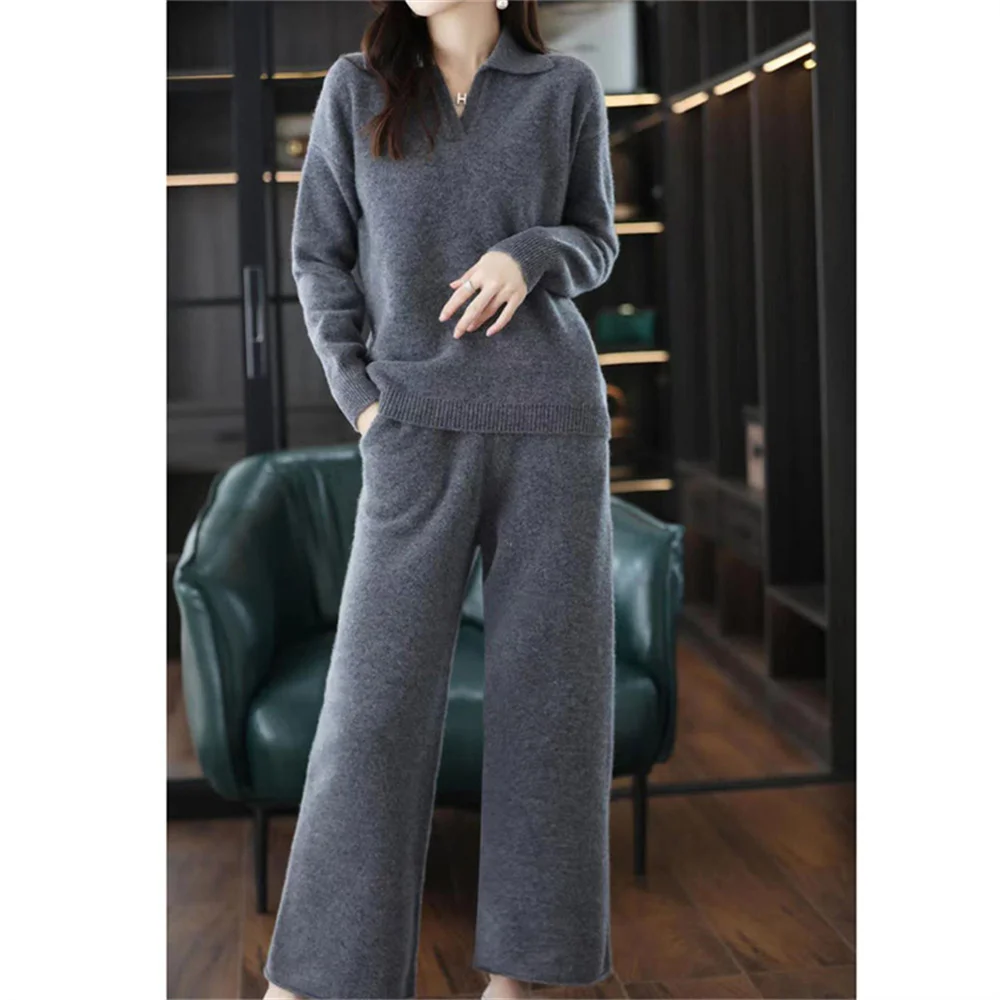 Autumn Winter High-End Knitted Wide Leg Pants Set Women\'s Casual Loose Sports Polo-Neck Sweater Two-Piece Set Pants Suits Female