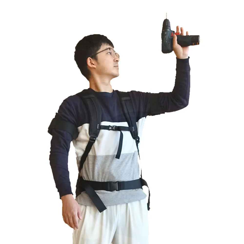 The passive exoskeleton assists the upper limb with back support handling heavy loads