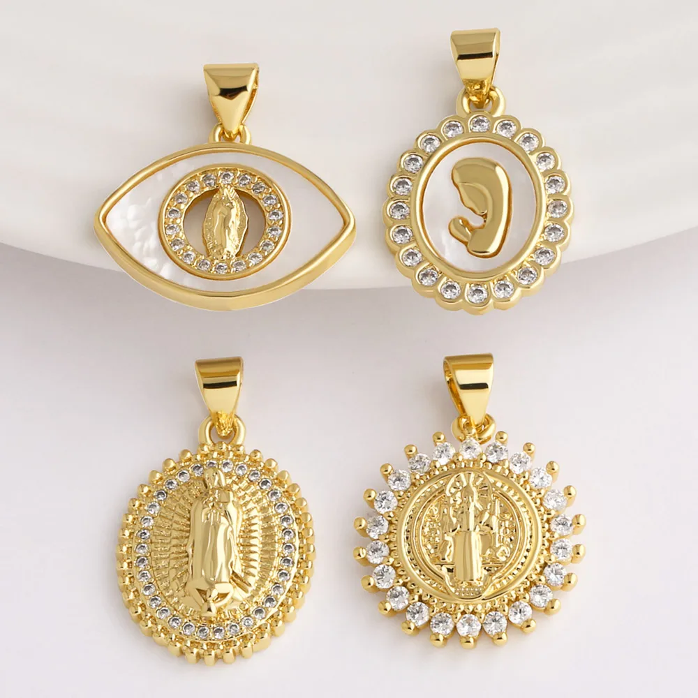 OCESRIO White Crystal Shell Virgin Mary Evil Eye Pendant for Necklace Copper Gold Plated Jewelry Making Supplies pdta238
