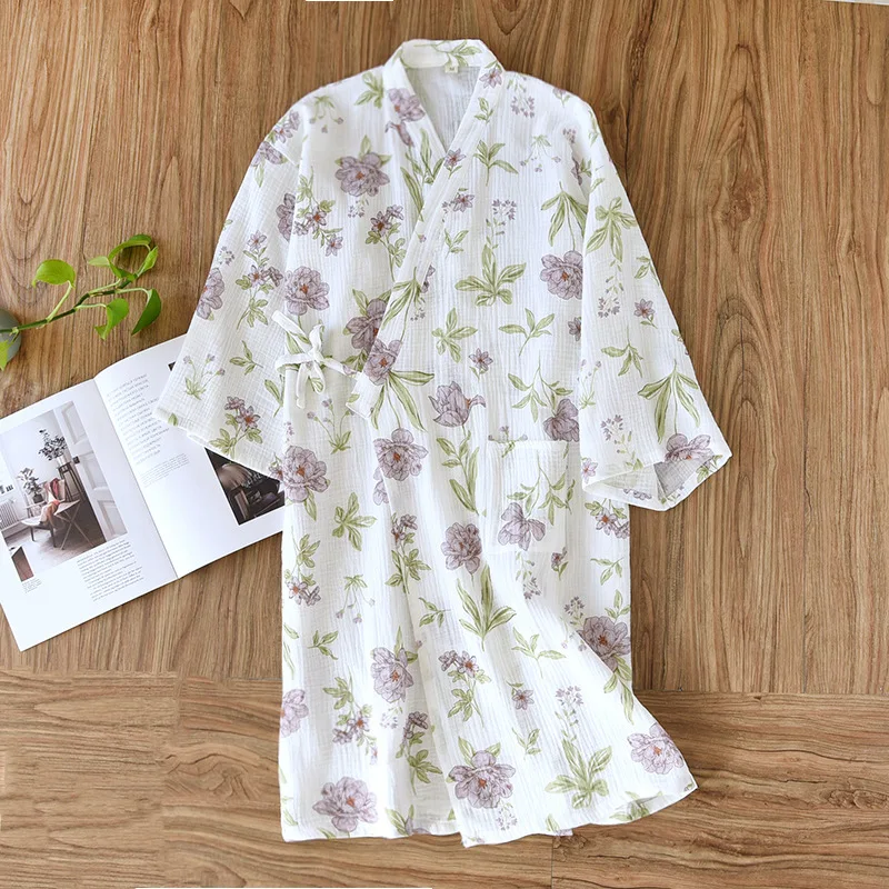 2024 Japanese Spring/Summer Kimono Women\'s Bathrobe 100% Cotton Crepe Kimono Nightgown Cute Home Robe Bath Robe Robes For Women