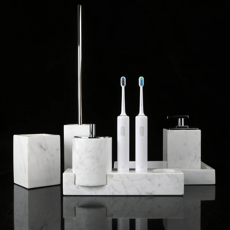 Volakos White Natural Marble Bathroom Set Soap Dispenser Soap Dish Toilet Brush Tissue Box Tray Bathroom Accessories