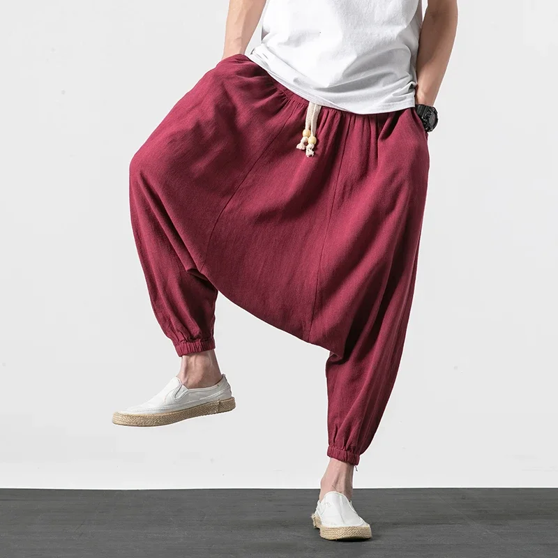 Men Wide Legs Pants Baggy Harem Pants Men Solid Black Trousers Male HipHop Joggers man streetwear hip hop linen Cross-pants