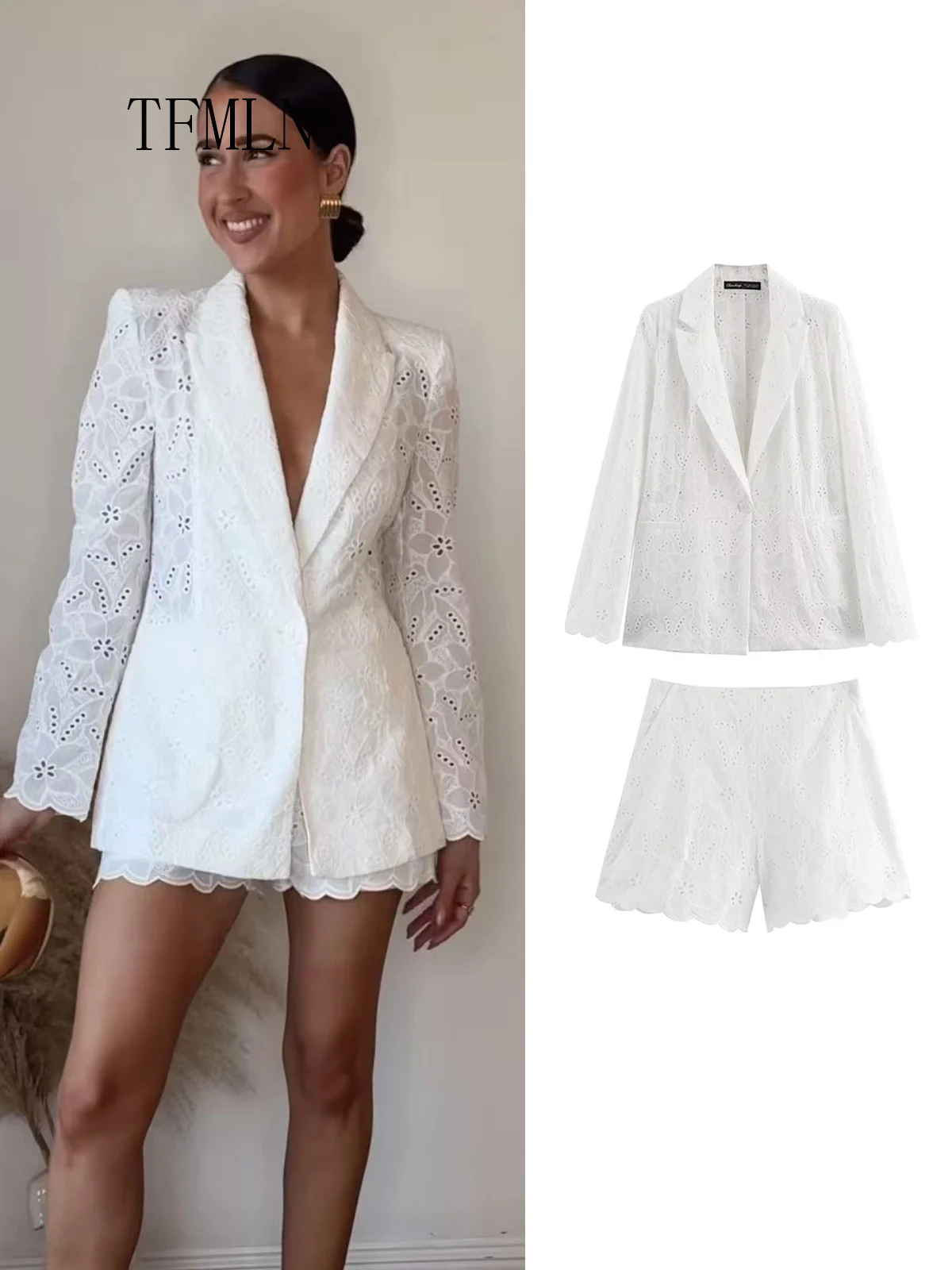 TFMLN 2025 Women Embroidery Blazer Short Suit Elegant Retro Temperament Hollow Out  Single Button Coat Side Zipper Shorts Outfit