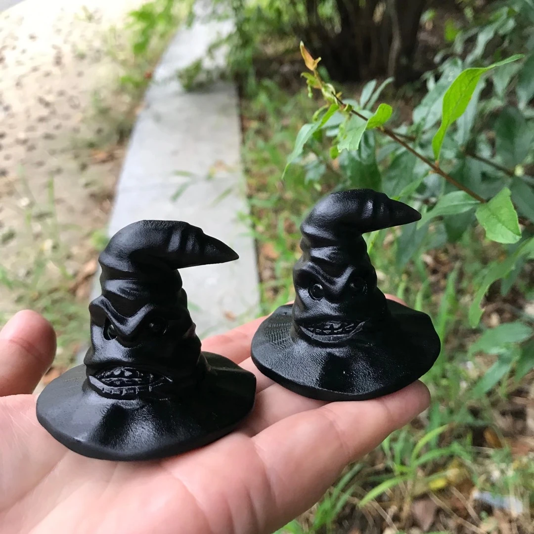 

80mm High-quality Natural obsidian 、Yooperlite Stones Witch Hat Shaped Hand Carved Crystal Sculpture Gift Healing Decor 1pcs