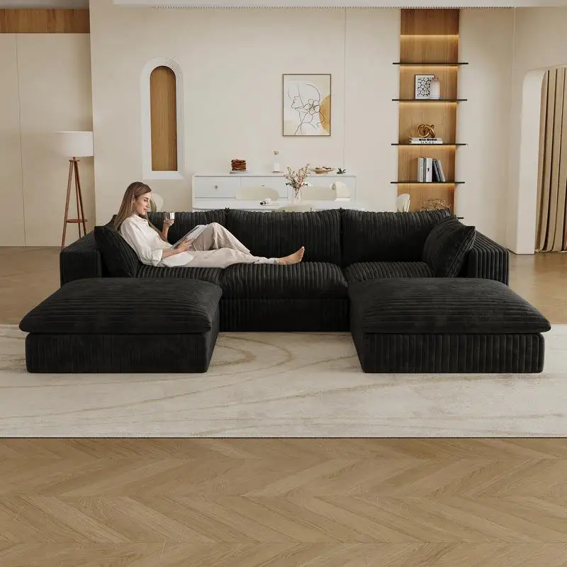 

118.2" Cloud Sofa, Corduroy Fabric, Deep Seat Couch, Double-layer Design, Removable Cushions, No Assembly, DIY Combination for