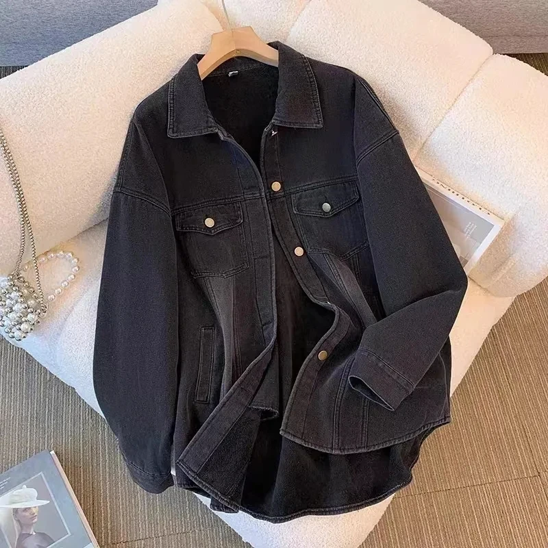 

2024 New Vintage Women Jacket Autumn Denim Jackets Long Sleeve Blue Jeans Coat Turn-down Collar Outwear Bomber Jacket