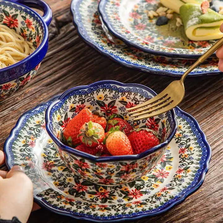 Polish Bowl and Plate Ceramic Tableware Household Creative Bowl and Plate Old-fashioned Retro Soup Bowl Noodles Bowl