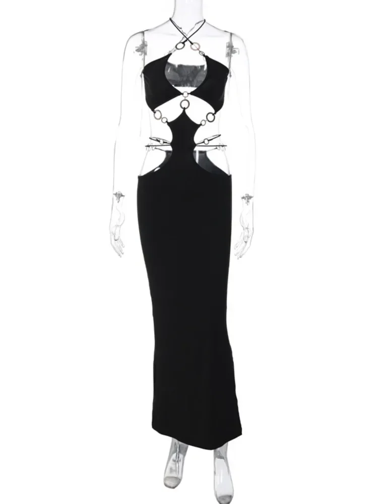 Robe Maxi sans bretelles avec anneau en métal découpé pour femmes, noire, col licou, coupe basse, dos nu, ajourée, moulante, Sexy, robe longue de soirée