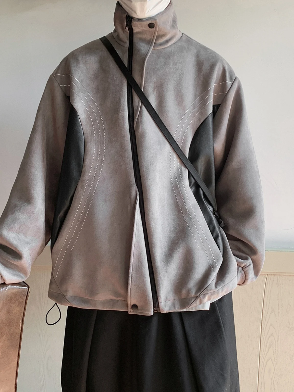 

Suede Stand Collar Jaet Men's Autumn Winter Casual Sle American Retro Pilot Jaet Color Blo Leisure Coat Youth ular