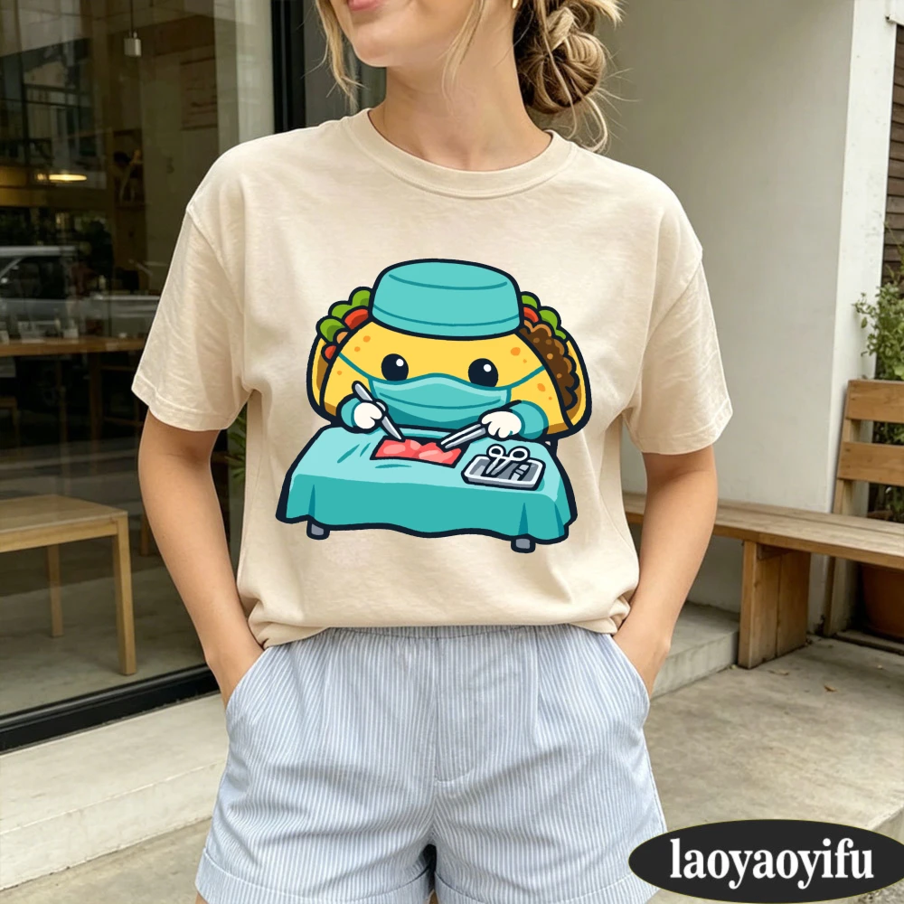 2026 Surgeon Taco Doctor Cartoon Graphic Women T-shirt Funny Casual Summer Cotton Short Sleeve Unisex Relax Daily Basic Tee