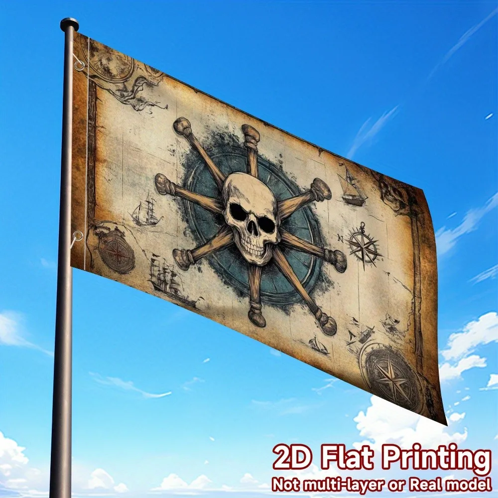Pirate Map Flag Vintage Skull And Crossbones Compass Sailboat Nautical Decor Banner