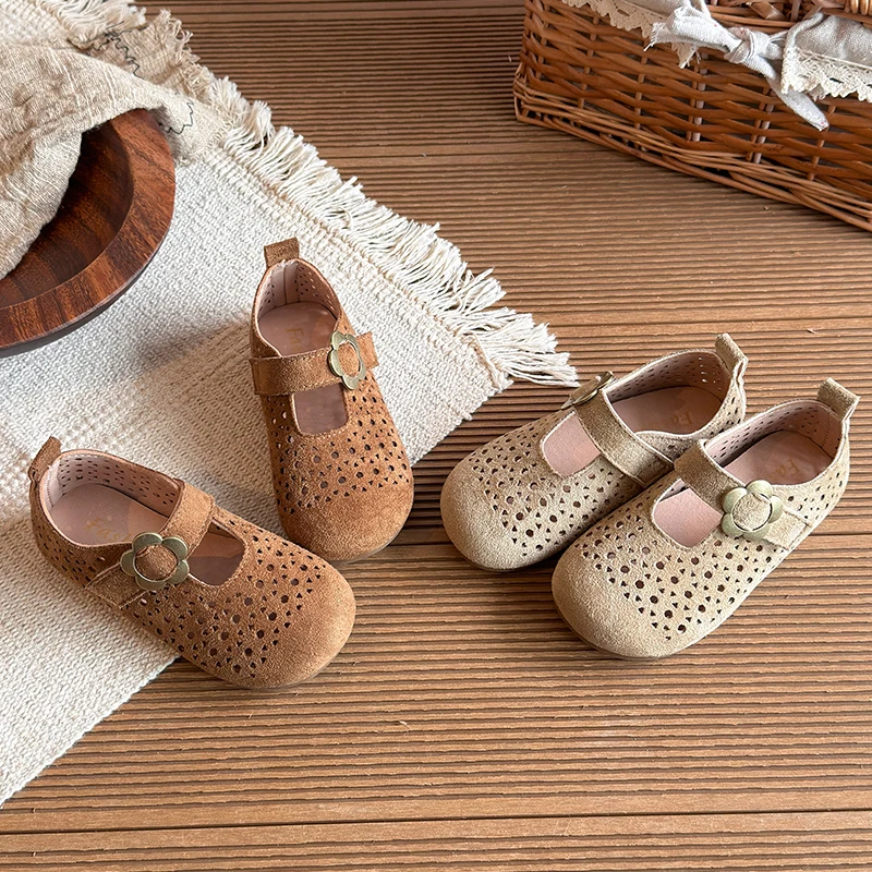 

Spring Girl's Mary Janes Hollow Out Flower Daily Chic Kid's Flat Shoe Solid Colors Anti-slip Casual Versatile Children Shoes