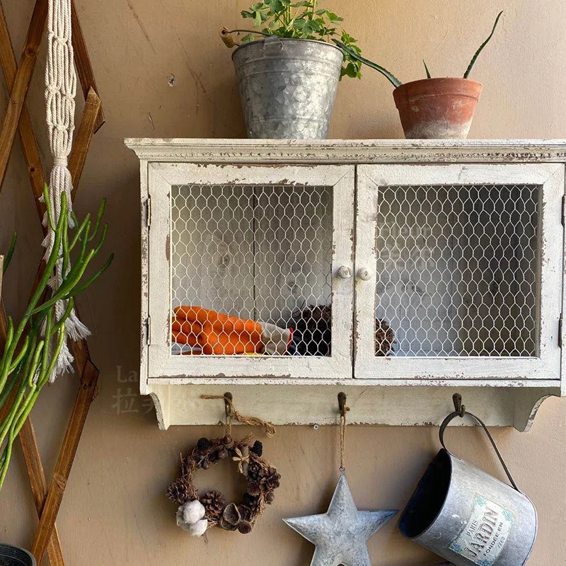 

Vintage Rustic Wall Cabinet, Solid Wood Storage Box for Keys and Decor, American Country Style Hanging Organizer