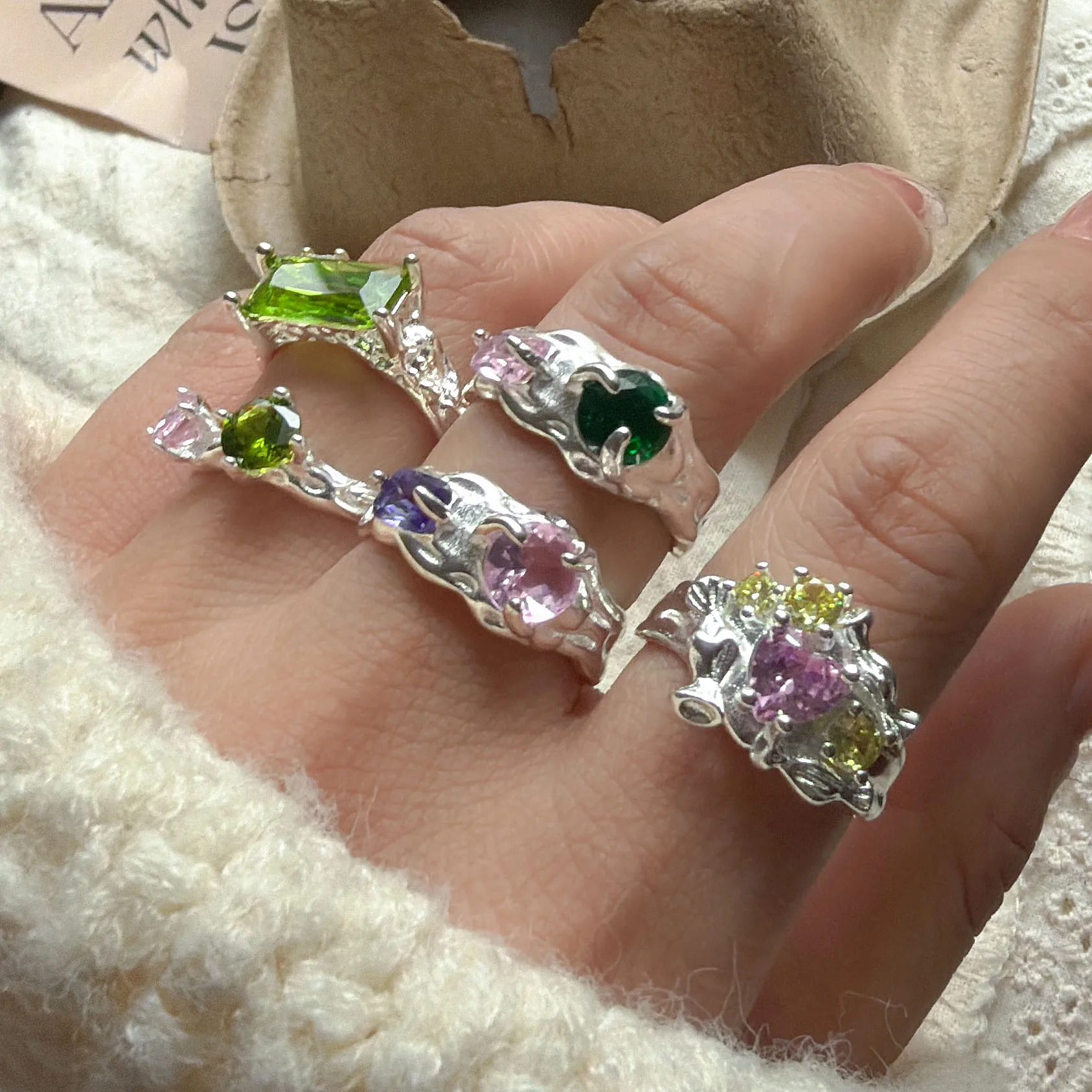 925 Sterling Silver Rings for Women Couple Minimalist Handmade Simple Pink Green Stone Ring Fine Jewelry Gift Prevent Allergy