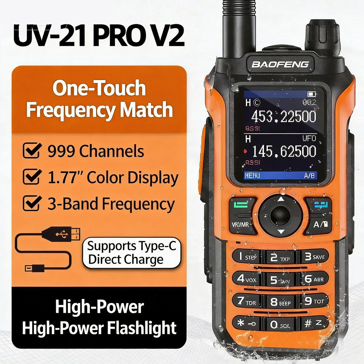 Baofeng UV-21PRO V2 3-Band 999CH Color Display 2s One-Touch Match Type-C Fast Charge Desktop Dock High Power Flashlight
