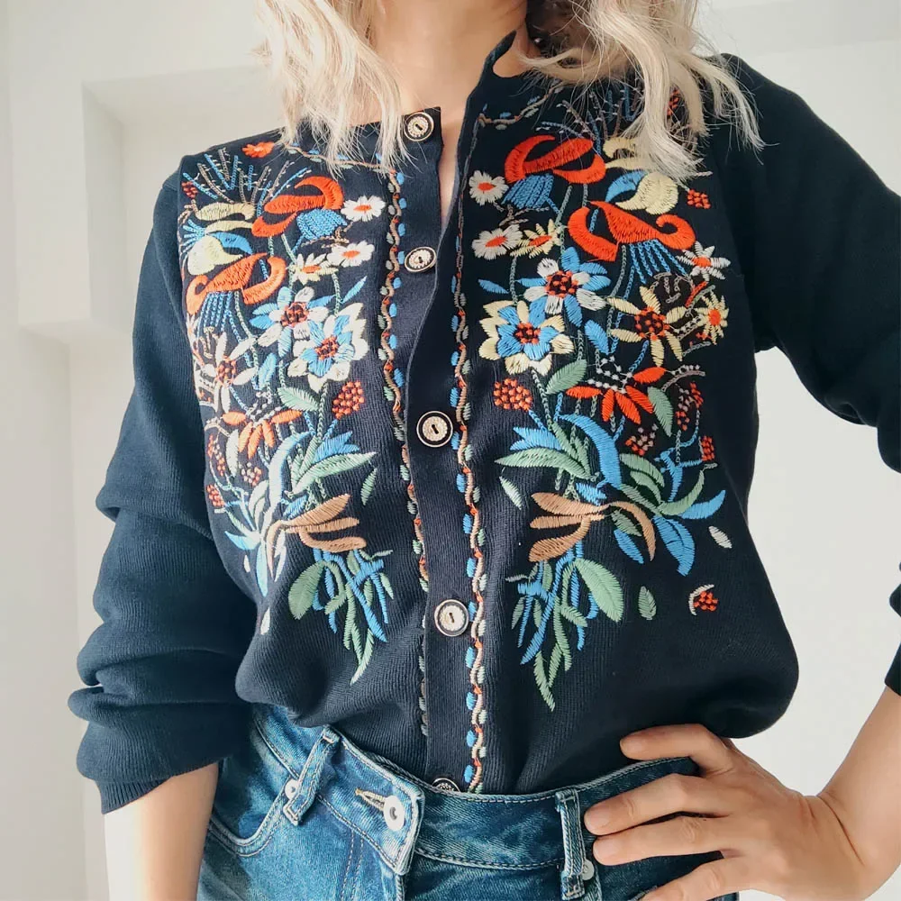 Black Ethnic Floral Embroidey Sweaters Cardigan For Women Jackets Vintage Long Sleeve Autumn Knitted Pulls Boho Ladies Outwear