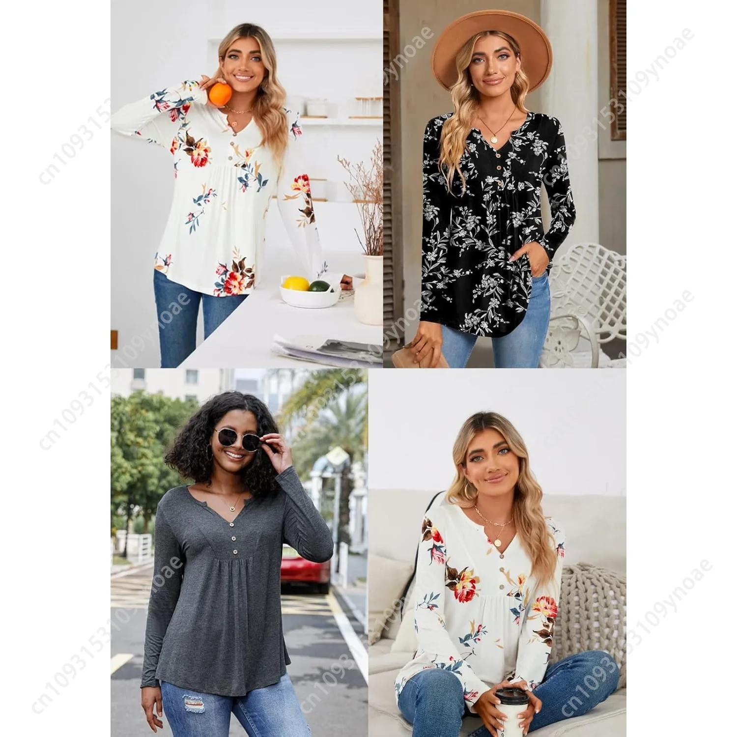 Vintage Floral Tops Women Bohemian T Shirts Pleated V Neck Henley Shirt Buttons Top Long Sleeve Waisted Straight Shoulder Tshirt