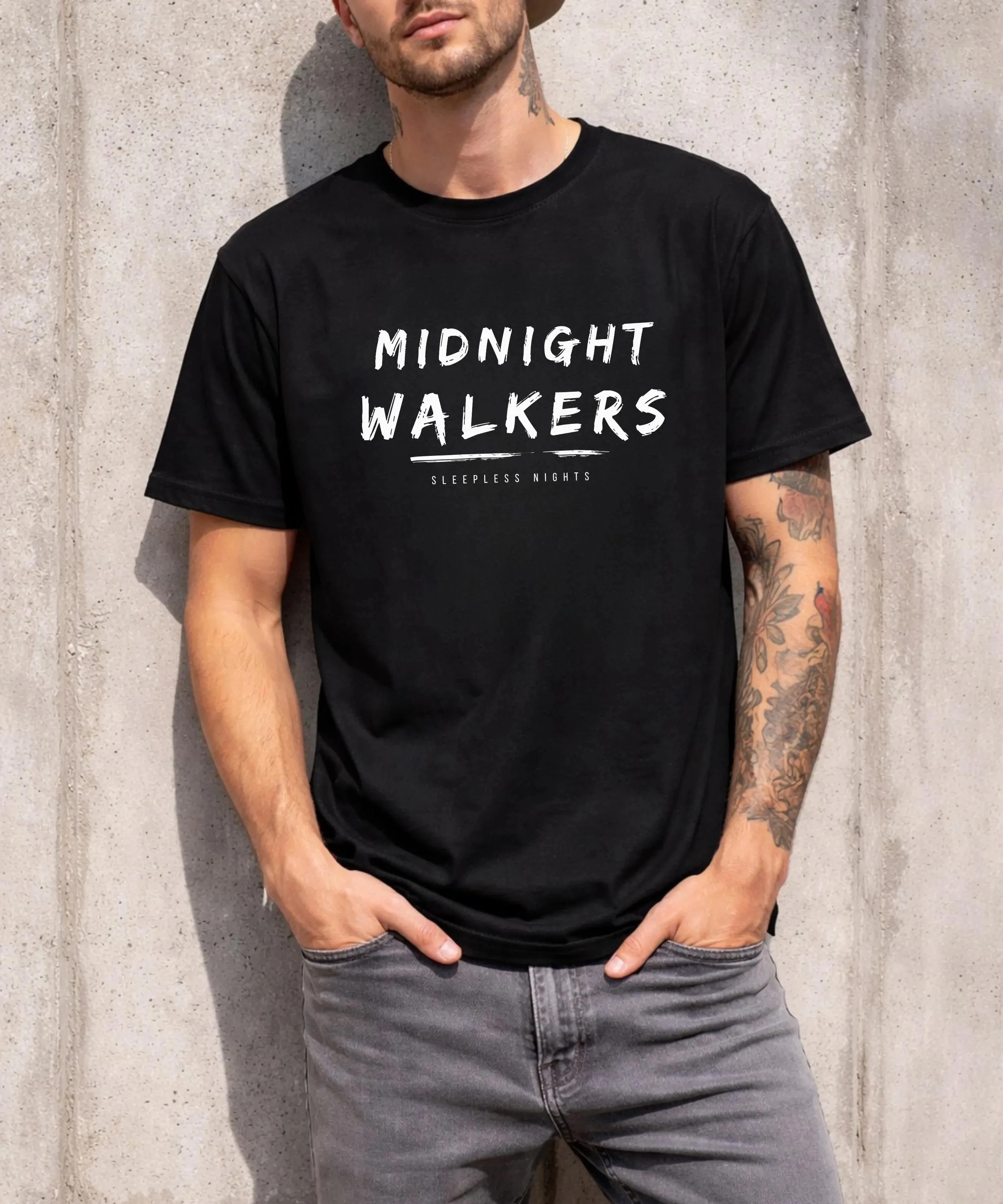 Midnight Walkers T-Shirt | Minimal Streetwear Tee | Sleepless Nights Aesthetic Shirt |  Clean Black Graphic Tee