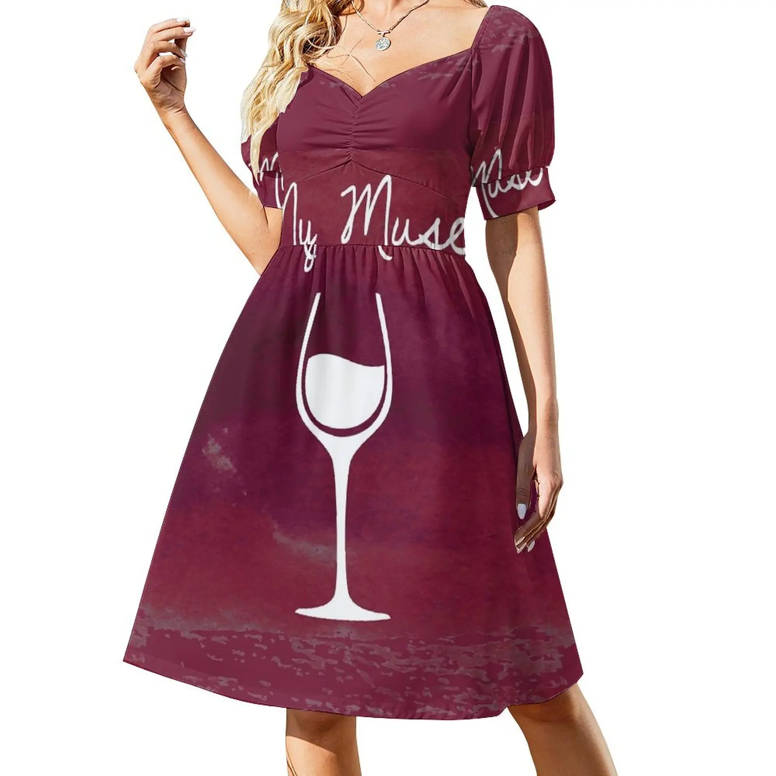 

Wine Funny My Muse Inspiration Artist Drink Alcohol Red Burgundy Wine Glass Short-Sleeved Dress dress summer Dress women