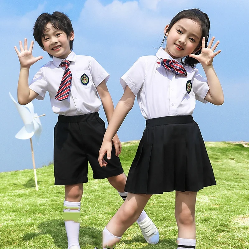 

School Uniform Girls British Summer Short Sleeve Blouse Skirt Boys Shirt Shorts Kids Kindergarten Students Clothes Sets
