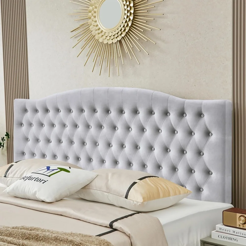 Linen Upholstered King/Cal King Headboard, Tufted Button Headboard for King/Cal King Bed, Neutral Curved Integrated Design