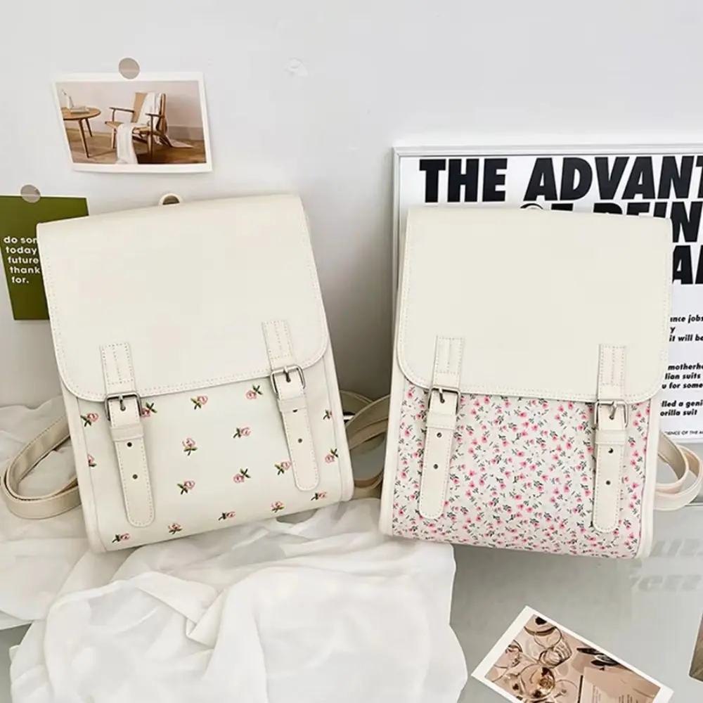 Handtasche, modischer Klappenrucksack, großes Fassungsvermögen, College-Stil, PU-Leder, Flip-Schultasche, vielseitiger quadratischer Blumen-Schulrucksack
