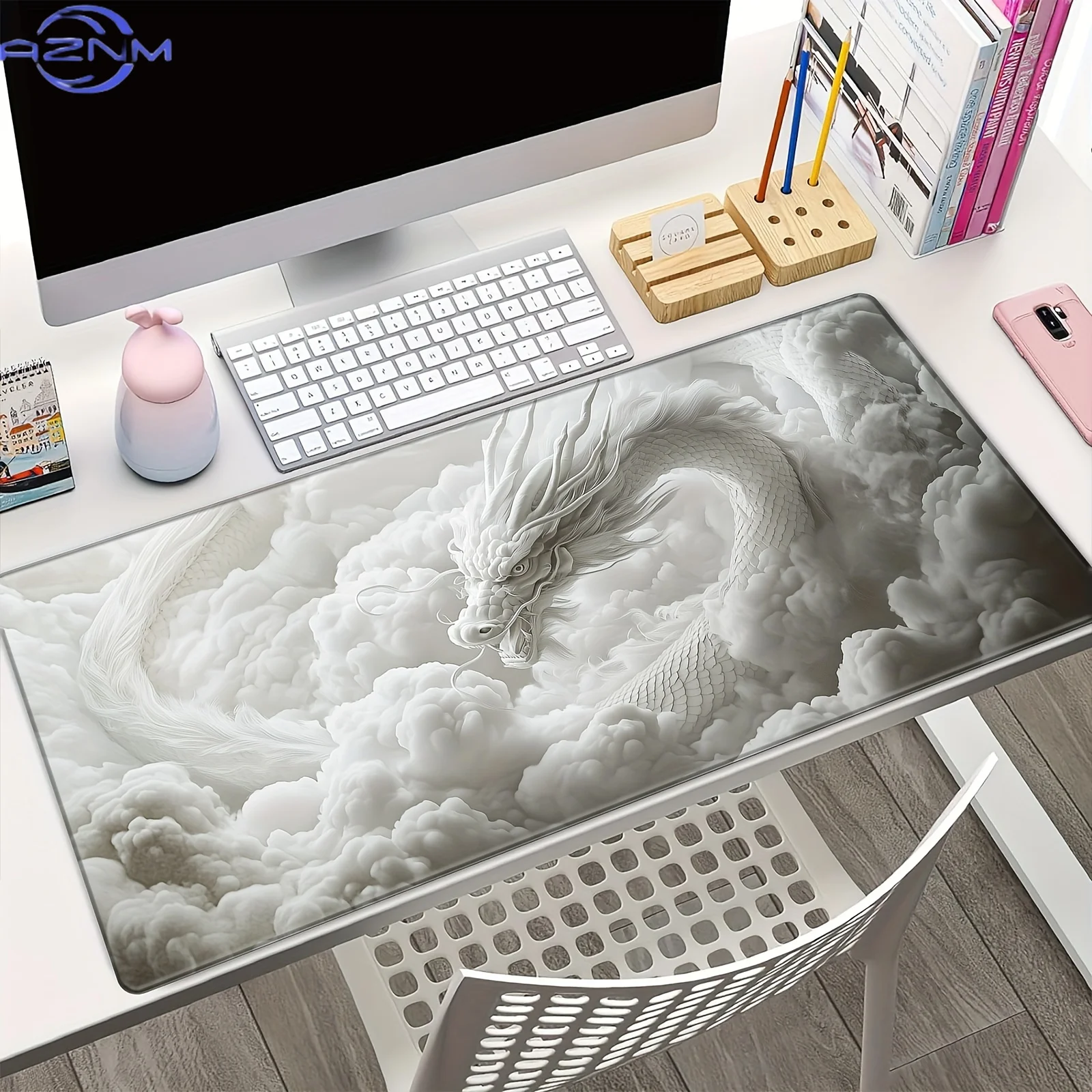 Large Chinese Dragon Mouse Pad with Stitched Edges Anti-Slip Rubber Desk Mat for Gaming and Office Desk Pad E-sport