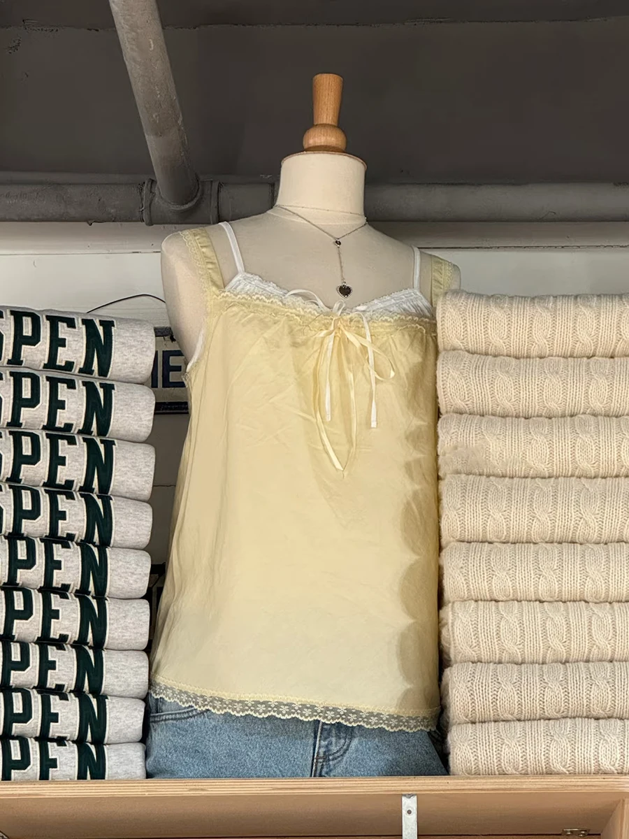 

Sweet Lace Trim Yellow Tank Top Woman Summer Lace-up Sleeveless Cotton Camisole Female Vintage Simple Solid Cute Vest Y2k Tops