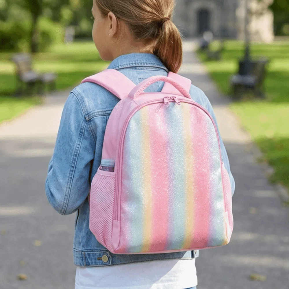 Fashionable Korean-style Striped Backpack Color-blocked Waterproof Large Capacity School Bag Durable Cute Rainbow Kids Backpack
