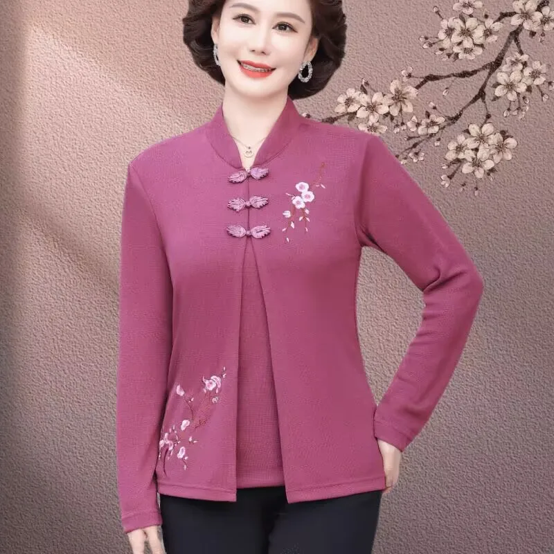 Spring Women Fake Two Items Top Korean Lady Large Size 5XL Embroidery Coat 2025 Middle Aged Mother Fashion Solid Color T-shirt