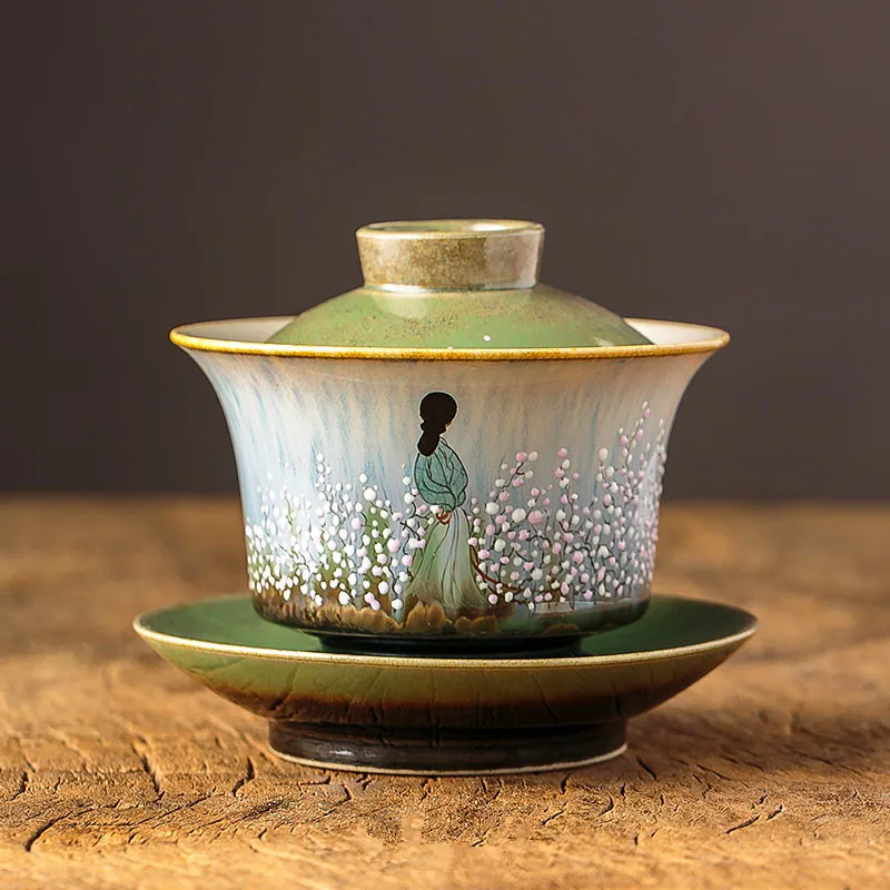 Color Glaze Kiln Baked Hand Painted Gaiwan Cup Jingdezhen Drawn Blank Ceramic Covered-Bowl Ancient