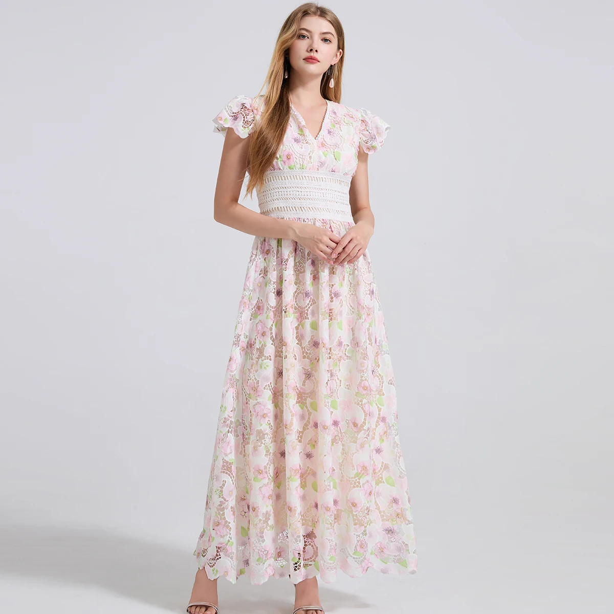 

Luxury Lace Patchwork Embroidery Flower Hollow Out Dress For Women's V-Neck Fly Sleeve High Waist Spliced Long Formal Dresses