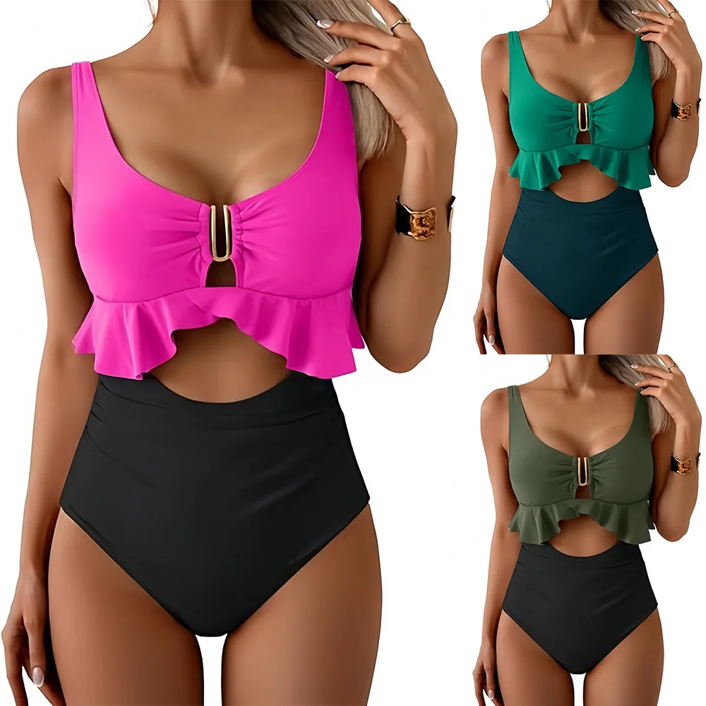 2026 Cut Out One Piece Swimsuit Color Block with Ruffles & Metal Ring Sexy Strappy Monokini Summer Holiday Bodysuit Swimsuit New