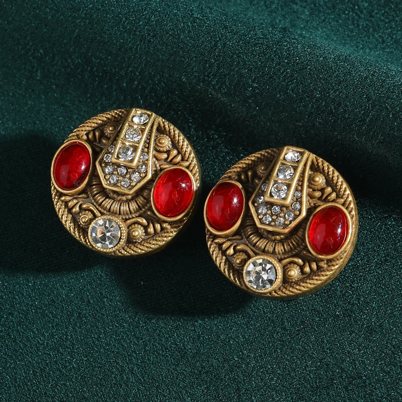 

Vintage Red Glaze Stud Earrings Round Antique Gold Color Rhinestone Luxury Jewelry Designer For Woman Accessories Wedding 2025