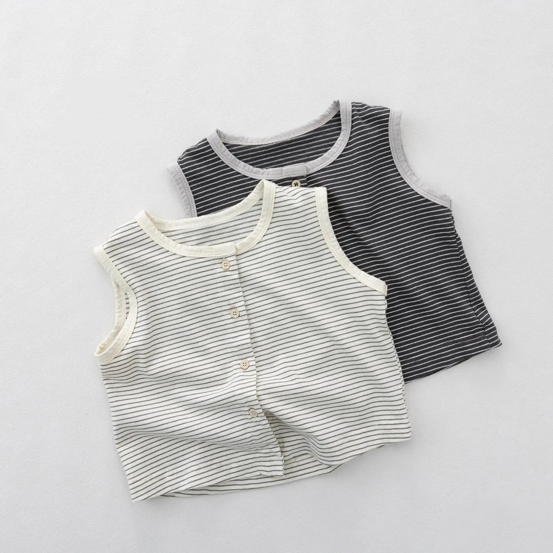 2026 Summer New Children Sleeveless Striped Vest For Boys Girls Thin Cotton Cardigan Baby Breathable Tops Cute Kids Clothes