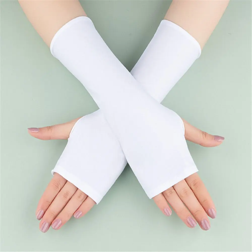 Sunscreen Protection Fingerless Long Gloves Women Arm Cool Summer Solid Mittens Half Finger Sleeves Black White Nude