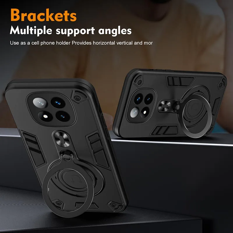 حافظة لهاتف Xiaomi Redmi 14C 13C A3 Note 13 14 Pro Plus 4G Turbo3 5G، لـ MagSafe Ring 360 Rotate Kickstand غطاء مقاوم للصدمات