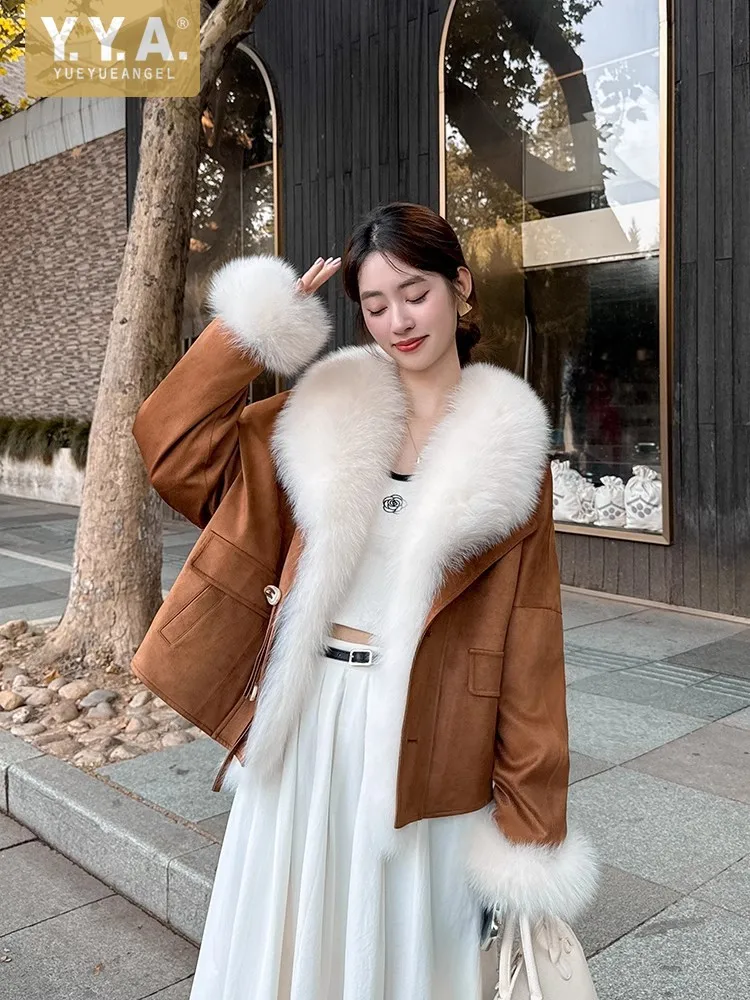 Winter Women Warm Down Jacket Fox Fur Collar Faux Suede Leather Coat Loose Fit Elegant Office Ladies Overcoat Goose Down Jacket