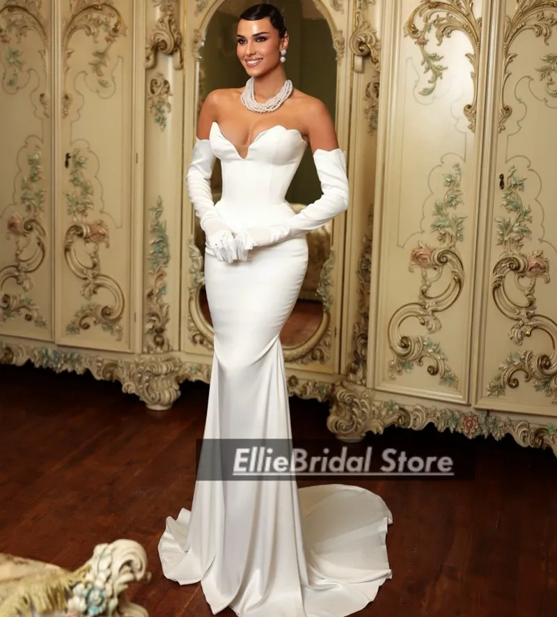 فساتين زفاف حورية البحر الرسمية مع قفازات على شكل قلب من الساتان حورية البحر فساتين زفاف بسيطة من فيستدوس دي نوفيا حسب الطلب