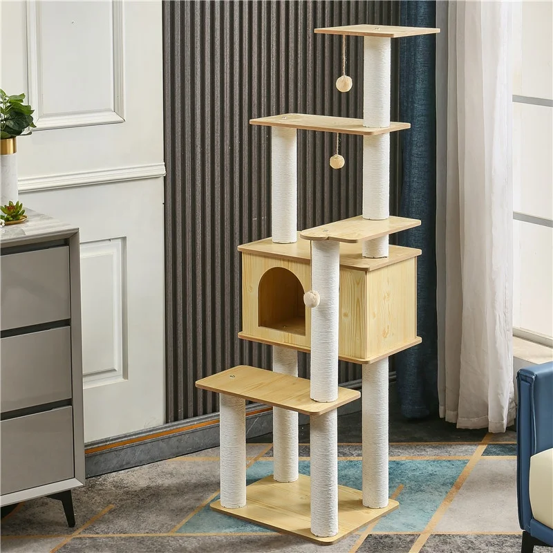 Modern design multi-storey cat tree wooden cat house with ball toy