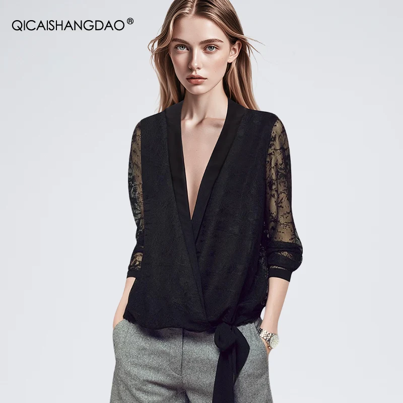 Sexy Deep V-Neck Crossed Lace-up Women Summer Black Lace Tops Loose Casual Hollow Out Female Casual Long Sleeve Blouses