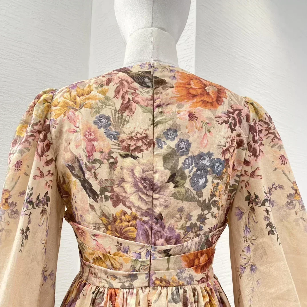 Minivestido fruncido de manga larga con estampado de flores de Color melocotón de alta calidad para mujer novedad de otoño 2024