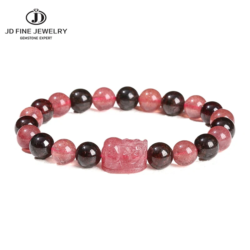 JD Natural Stone Strawberry Quartz Garnet Wealth Pixiu Lucky Bracelets Women Charming Handmade Stretch Bangles Lovers Jewelry