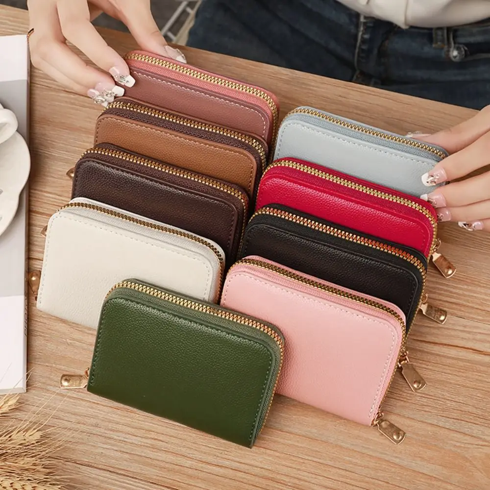 

Durable PU Leather Mini Card Wallet Multi-card Slot Solid Color Coin Purse Zipper Card Holder Women Girls
