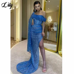 Lily Blue Prom Dresses Cape Sleeve Party Dress 2024 Shiny Off Shoulder Evening Dresses Sexy Side High Split Beading فستان سهرة