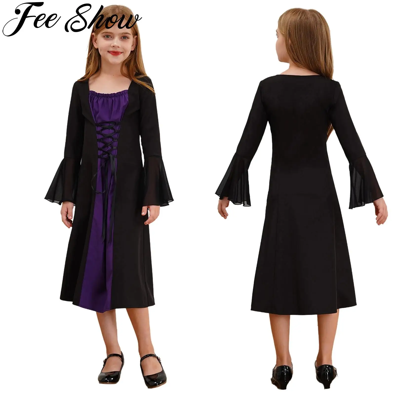 Kids Girls Medieval Renaissance Gothic Dress Long Sleeve Lace-up Royalty Princess Gown Costume Halloween Carnival Fancy Dress Up