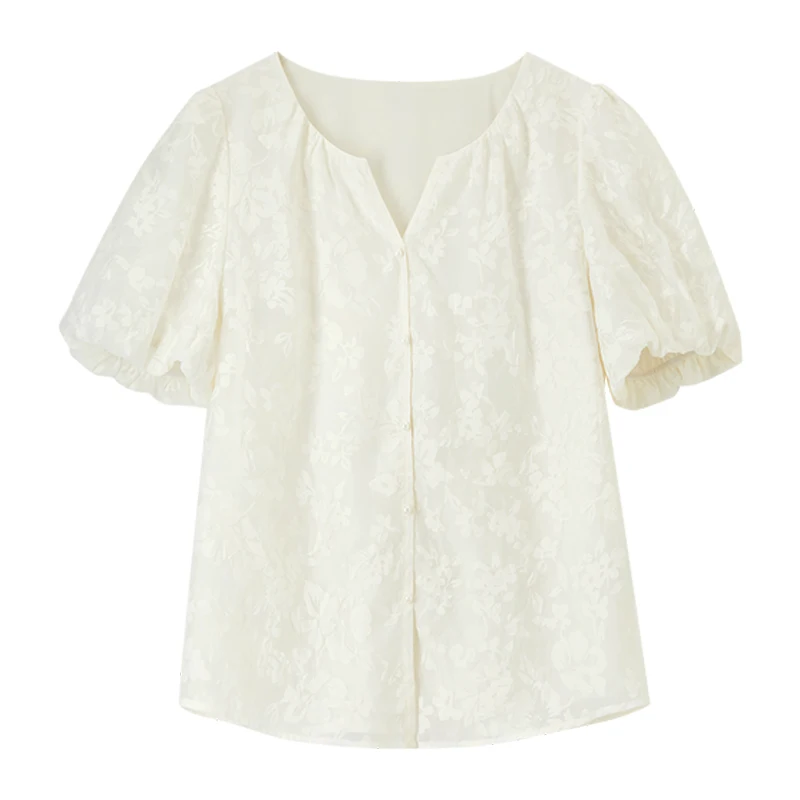 SENTUBILA Chiffon Women Shirt 2025 Spring Summer New Cotton Chic Printing Crewneck Puff Sleeve Button Female Blouse 152V59159