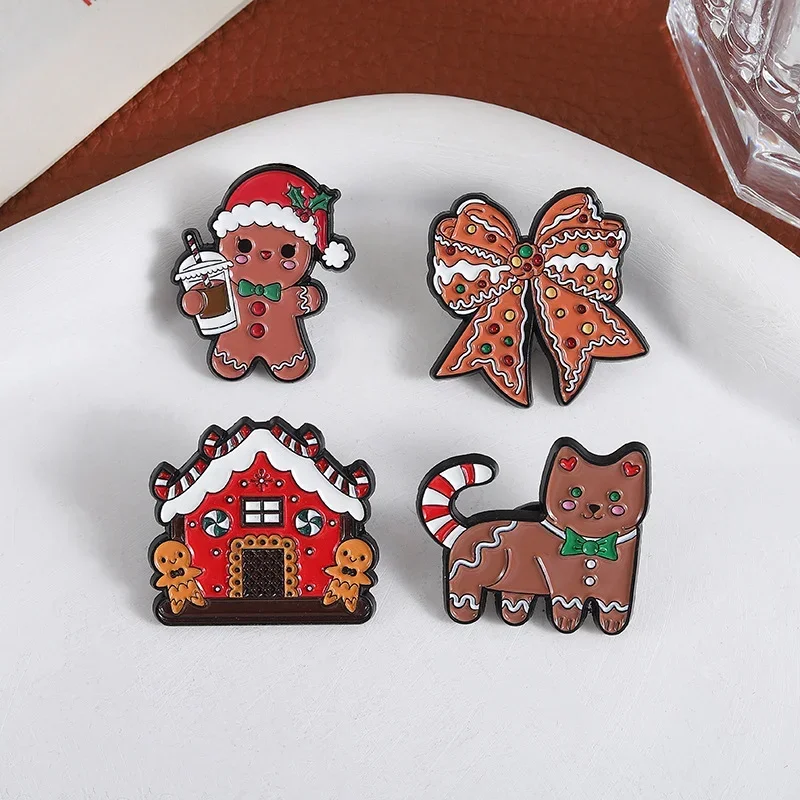 Cartoon Christmas Cats Enamel Pins Gingerbread House Bowknot Brooches Hat Clothing Badges Jewelry Gift for Kid Friends Wholesale