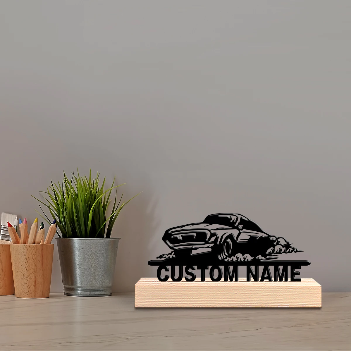 1pc Modern Car Customizable Name Art Crafts With Wood Base Metal Sculpture With Wood Base For Girl Gifts