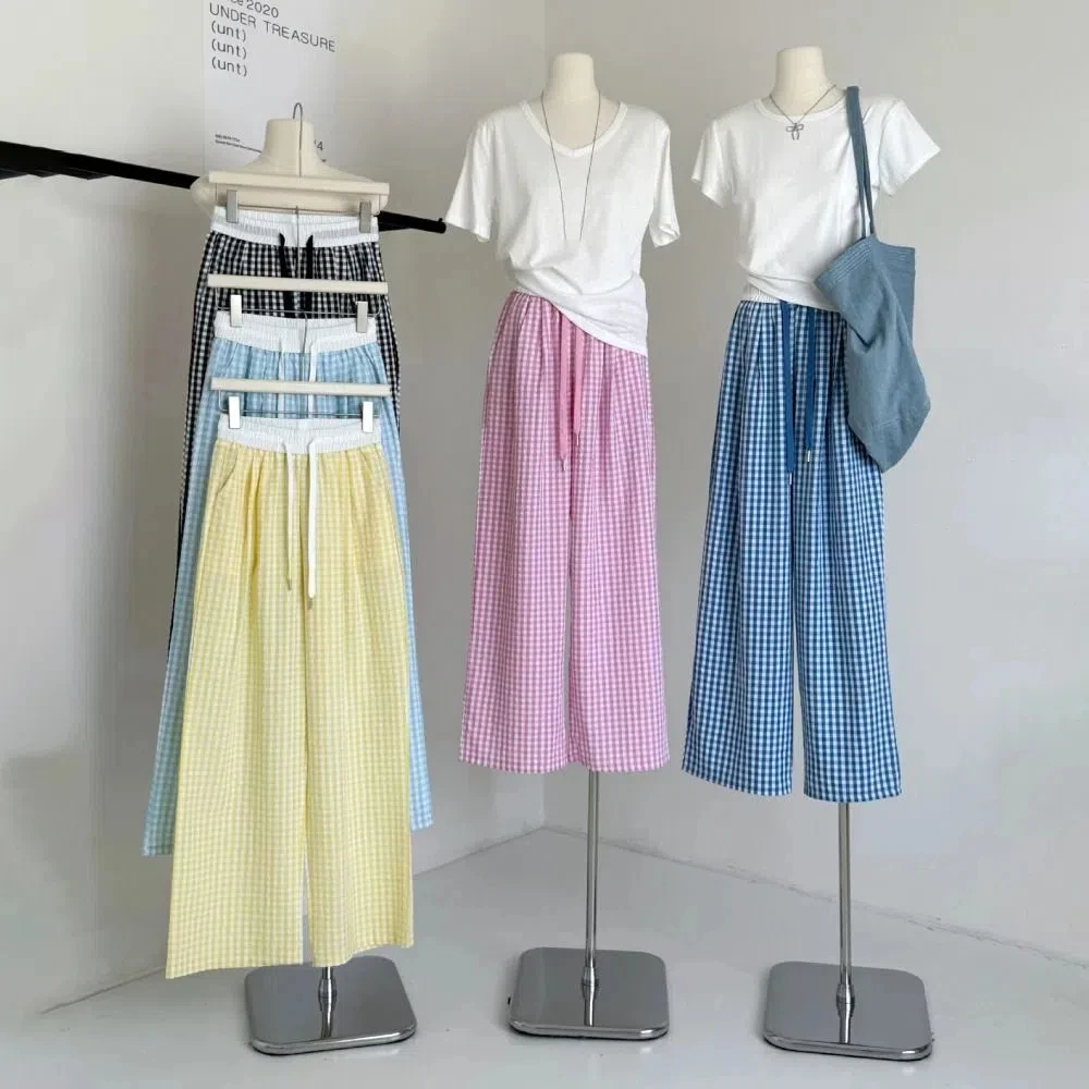 

Прямые клетчатые брюки с высокой талией, повседневные брюки в полоску Y2K на шнурке, мешковатые брюки, тонкие широкие свободные брюки для женщин и девочек